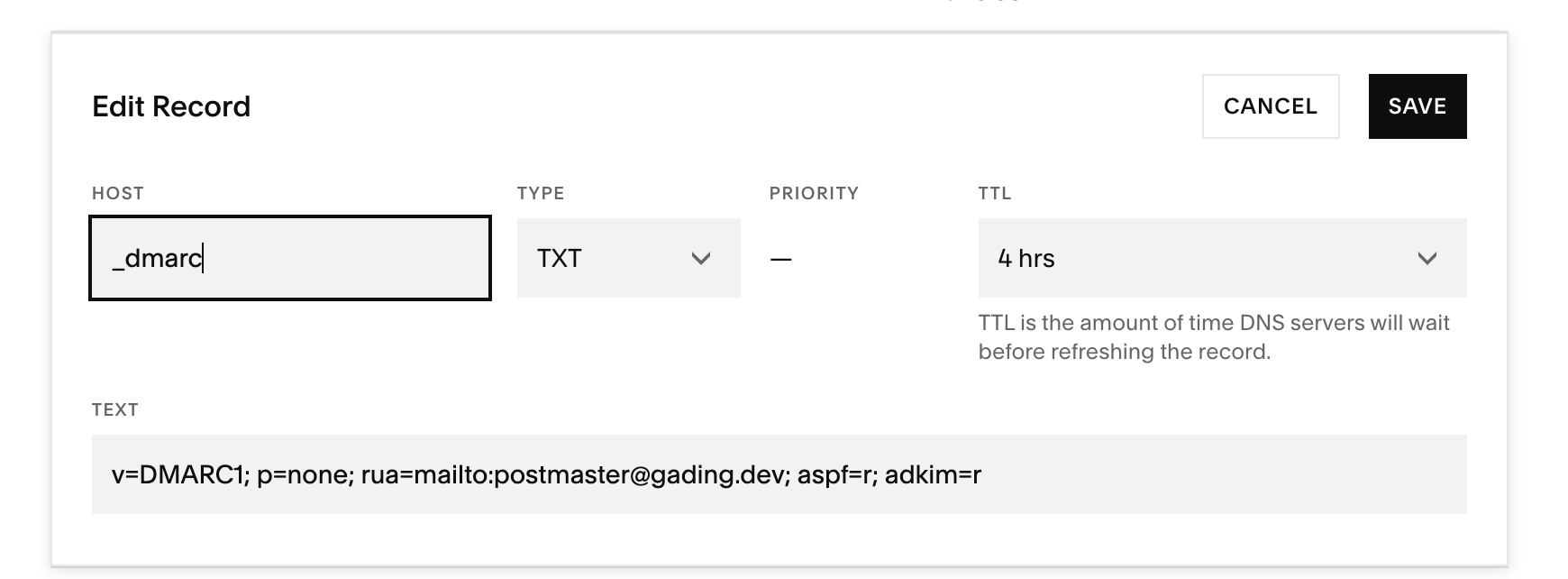 Example DNS record UI